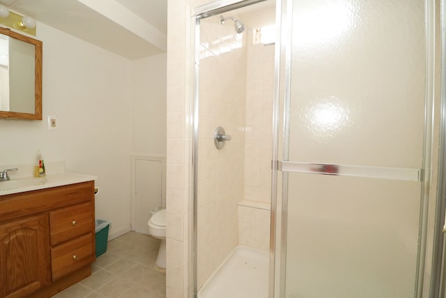 full bath featuring toilet, a shower stall, and vanity