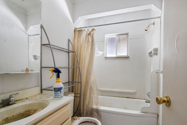 bathroom with shower / bath combination with curtain and vanity