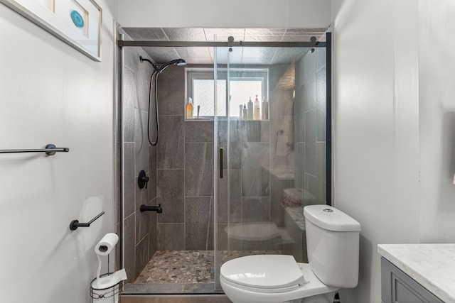 bathroom featuring a stall shower, vanity, and toilet