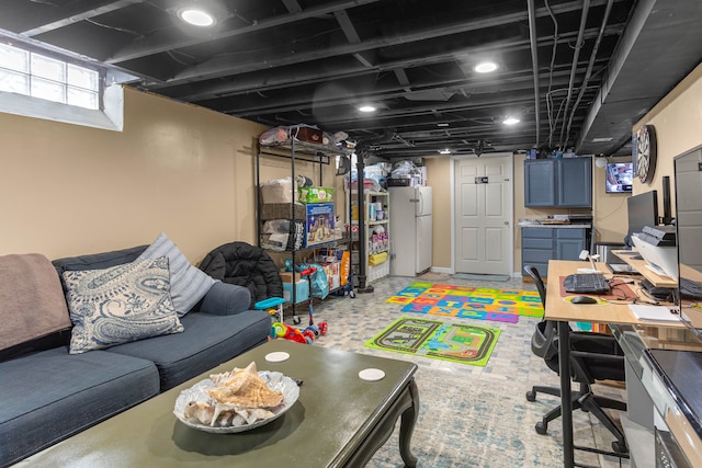 interior space with freestanding refrigerator