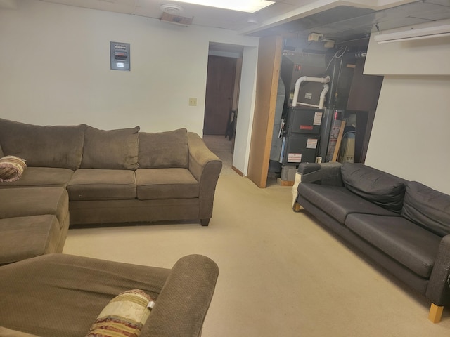 living area featuring carpet and heating unit