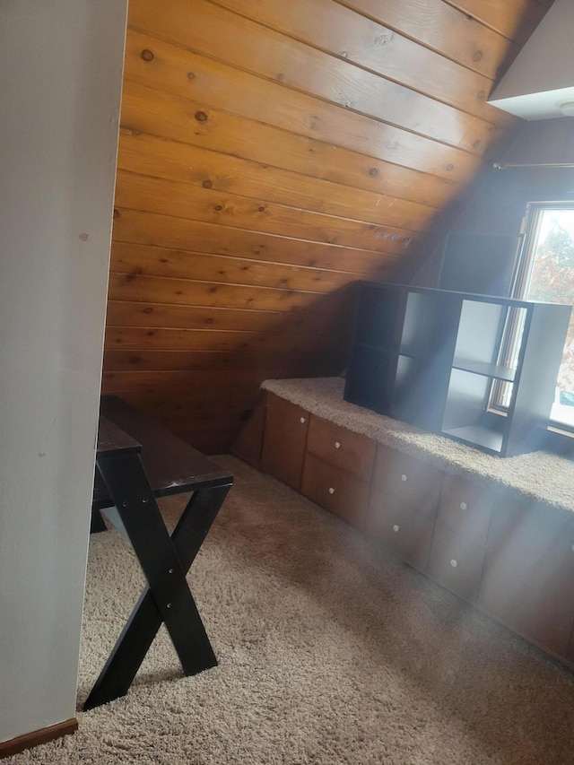 additional living space with wood ceiling, carpet floors, and vaulted ceiling