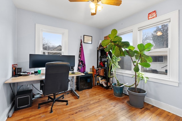 office area with ceiling fan, baseboards, and hardwood / wood-style floors