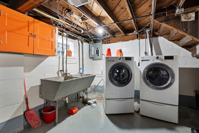 laundry room with laundry area, independent washer and dryer, a sink, and electric panel