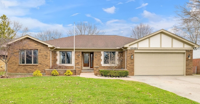 single story home with concrete driveway, brick siding, and a garage