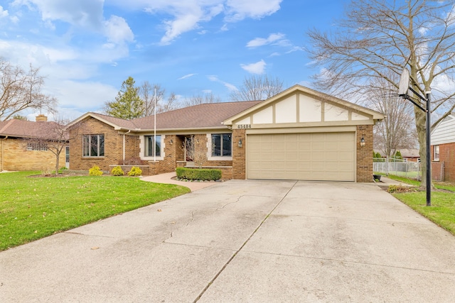 ranch-style home featuring a garage, concrete driveway, a front yard, and brick siding
