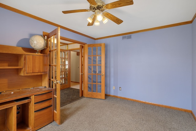 interior space with ceiling fan, light colored carpet, french doors, visible vents, and ornamental molding