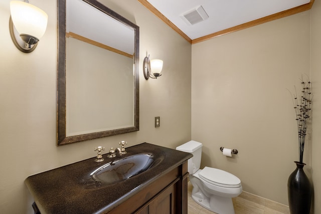 bathroom with visible vents, ornamental molding, vanity, toilet, and baseboards