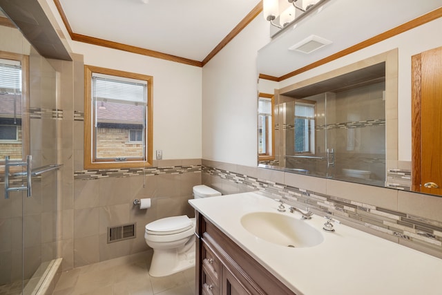 bathroom featuring toilet, tile patterned floors, visible vents, and a stall shower