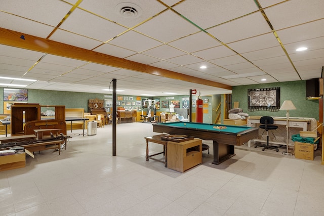 recreation room featuring recessed lighting, pool table, tile patterned floors, and a paneled ceiling