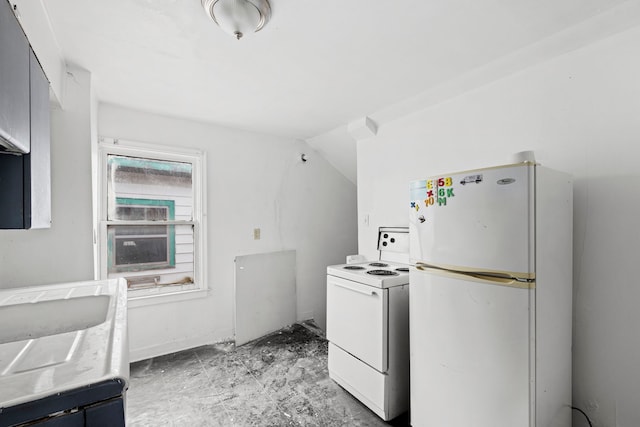 kitchen with lofted ceiling, light countertops, and white appliances