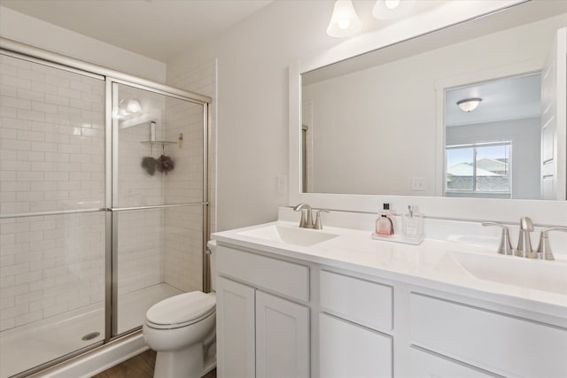 full bathroom with toilet, a shower stall, double vanity, and a sink