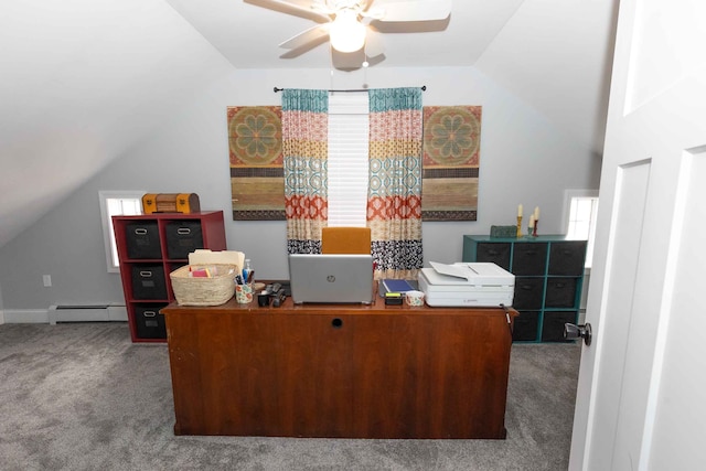 office space featuring a baseboard heating unit, lofted ceiling, a ceiling fan, and carpet floors