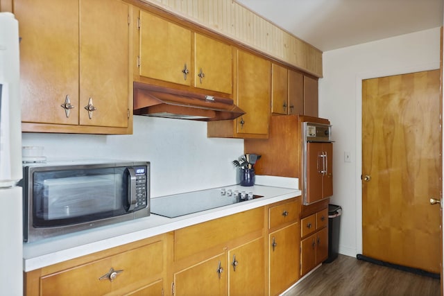 kitchen with stainless steel microwave, dark wood-type flooring, black electric stovetop, ventilation hood, and light countertops