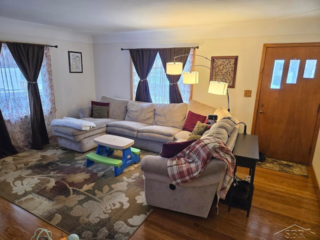 living area featuring dark wood-style floors