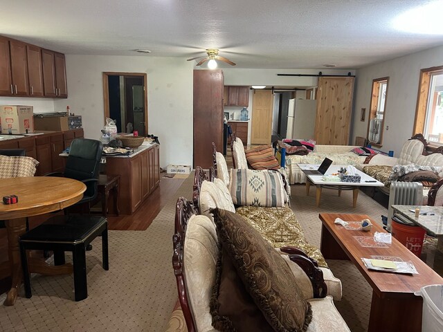 living area with radiator, a ceiling fan, a barn door, and wood finished floors