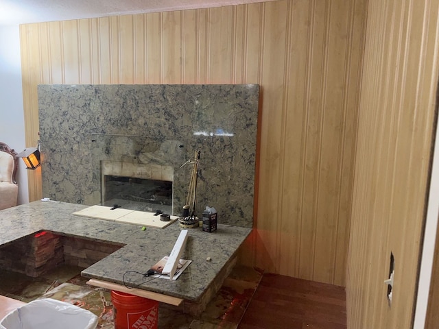 room details featuring wooden walls and a fireplace