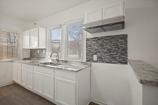 kitchen featuring white cabinetry, a sink, under cabinet range hood, and decorative backsplash