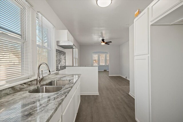 kitchen featuring dark wood finished floors, a sink, white cabinetry, and light stone countertops