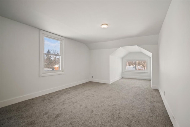 additional living space with carpet, baseboards, and vaulted ceiling