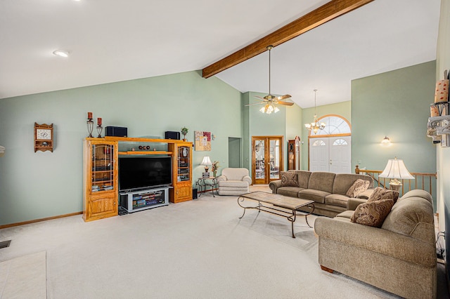 carpeted living area featuring high vaulted ceiling, ceiling fan with notable chandelier, baseboards, french doors, and beamed ceiling