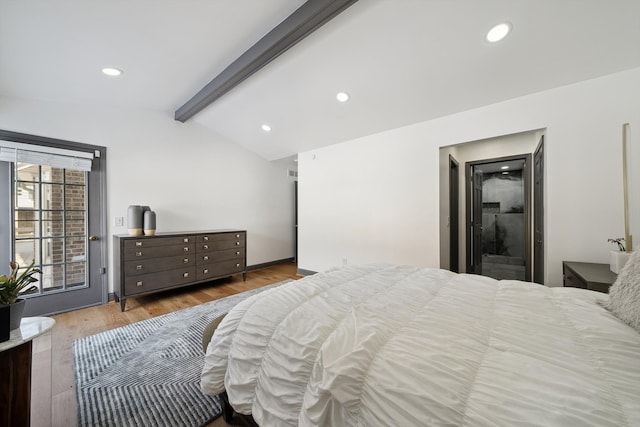 bedroom featuring vaulted ceiling with beams, wood finished floors, and recessed lighting