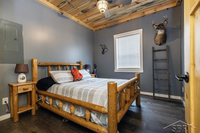 bedroom featuring wood ceiling, electric panel, baseboards, and dark wood-style flooring