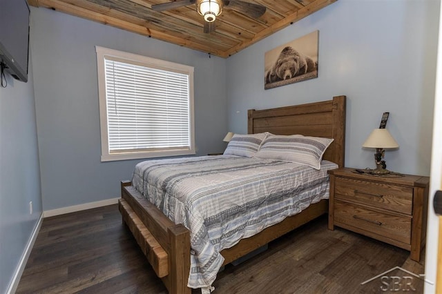 bedroom featuring dark wood-type flooring, wood ceiling, and baseboards