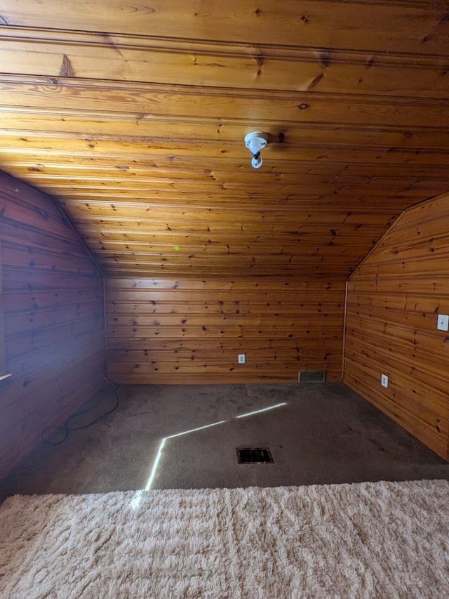 additional living space featuring wood walls and vaulted ceiling