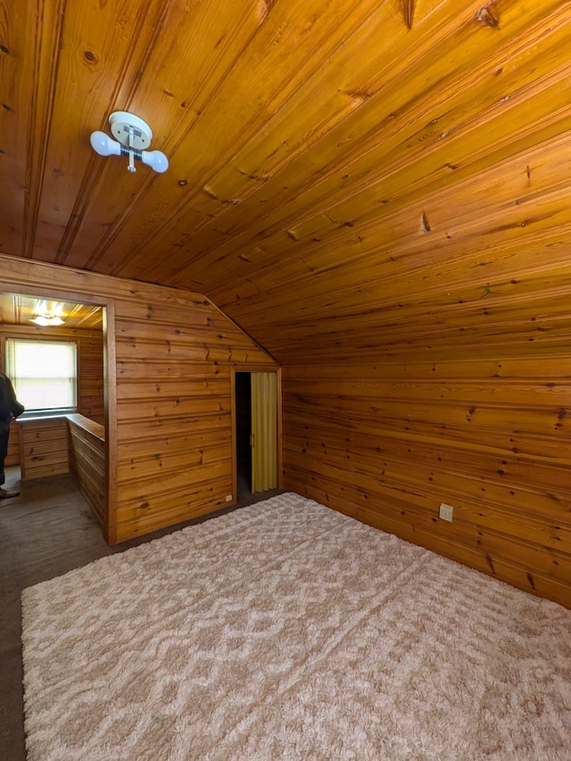 additional living space featuring wood ceiling, wooden walls, and carpet flooring