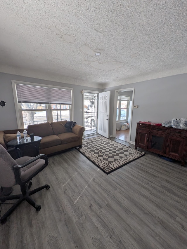 living room featuring a textured ceiling, wood finished floors, and baseboards