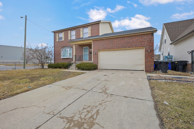 view of front facade with a garage, concrete driveway, brick siding, and a front yard