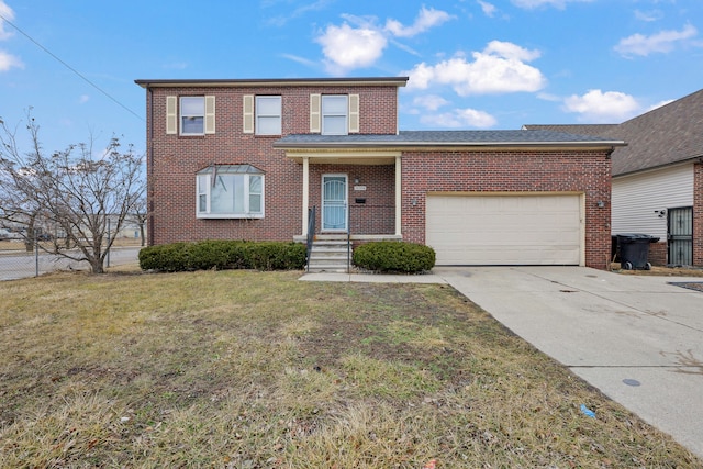 traditional home featuring a garage, brick siding, fence, driveway, and a front lawn