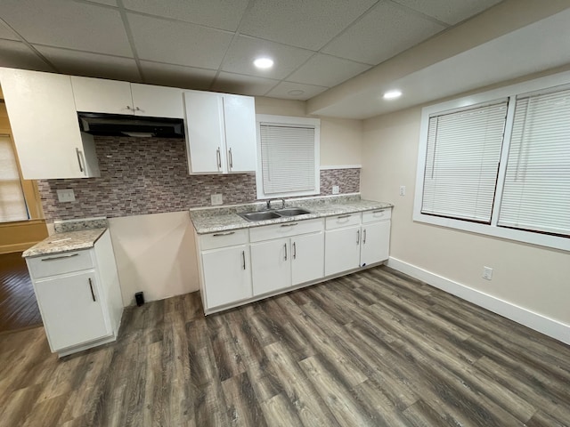 kitchen featuring decorative backsplash, a sink, dark wood finished floors, and white cabinets