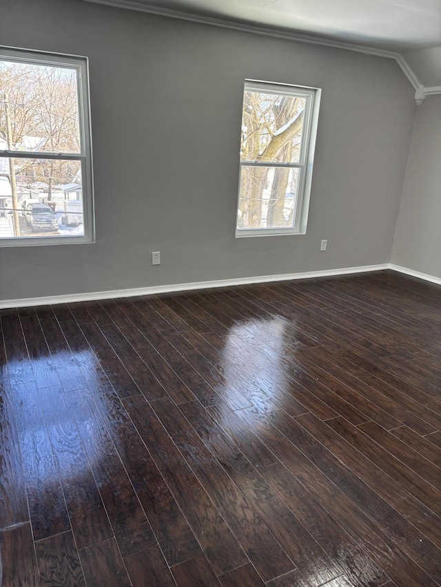 spare room with lofted ceiling, baseboards, and dark wood-style flooring