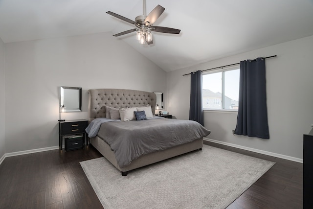 bedroom featuring ceiling fan, baseboards, vaulted ceiling, and dark wood-style flooring