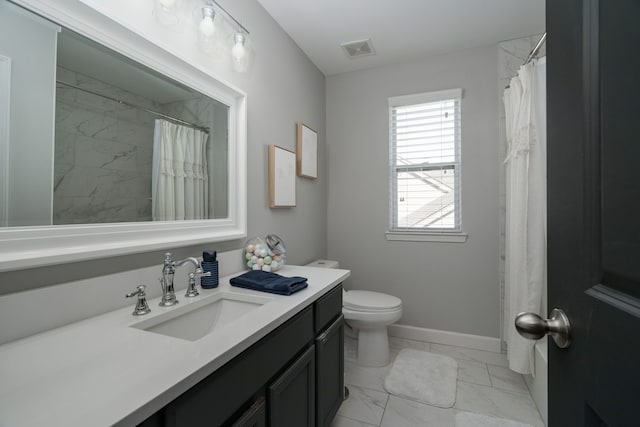 bathroom with marble finish floor, visible vents, toilet, vanity, and baseboards