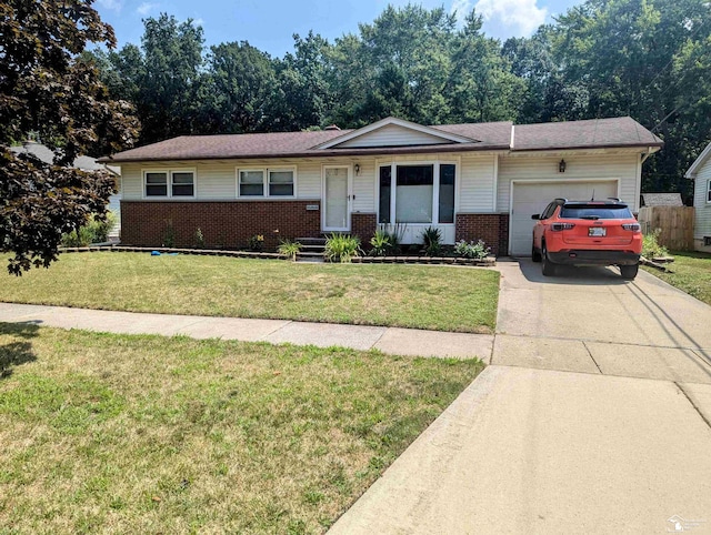 ranch-style house featuring a garage, driveway, brick siding, and a front lawn