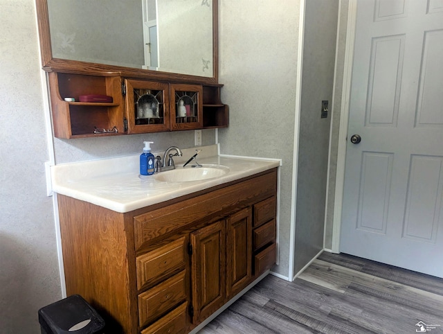 interior space featuring wood finished floors and vanity