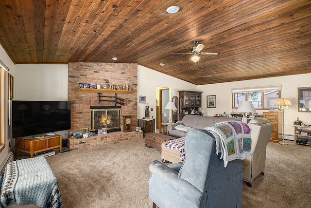 living room with wooden ceiling, ceiling fan, carpet, vaulted ceiling, and a fireplace