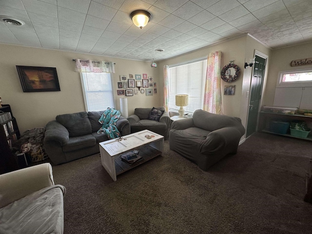 living area with carpet, visible vents, and a healthy amount of sunlight