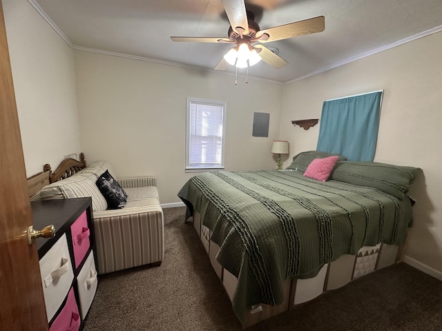 carpeted bedroom with crown molding, a ceiling fan, and baseboards