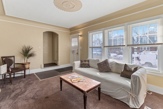 living room featuring carpet floors, plenty of natural light, and arched walkways