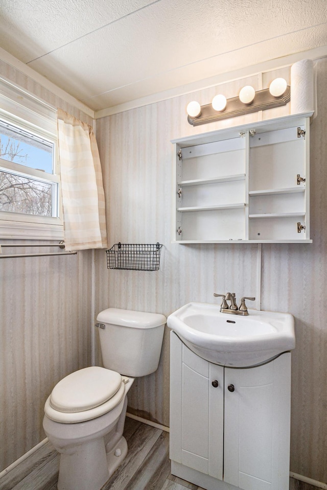 half bathroom featuring a textured ceiling, vanity, wood finished floors, and toilet