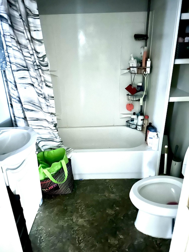 bathroom featuring toilet, shower / bath combo, unfinished concrete floors, and vanity