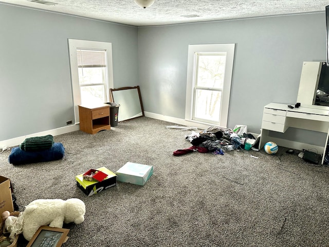 playroom with visible vents, baseboards, a textured ceiling, and carpet flooring