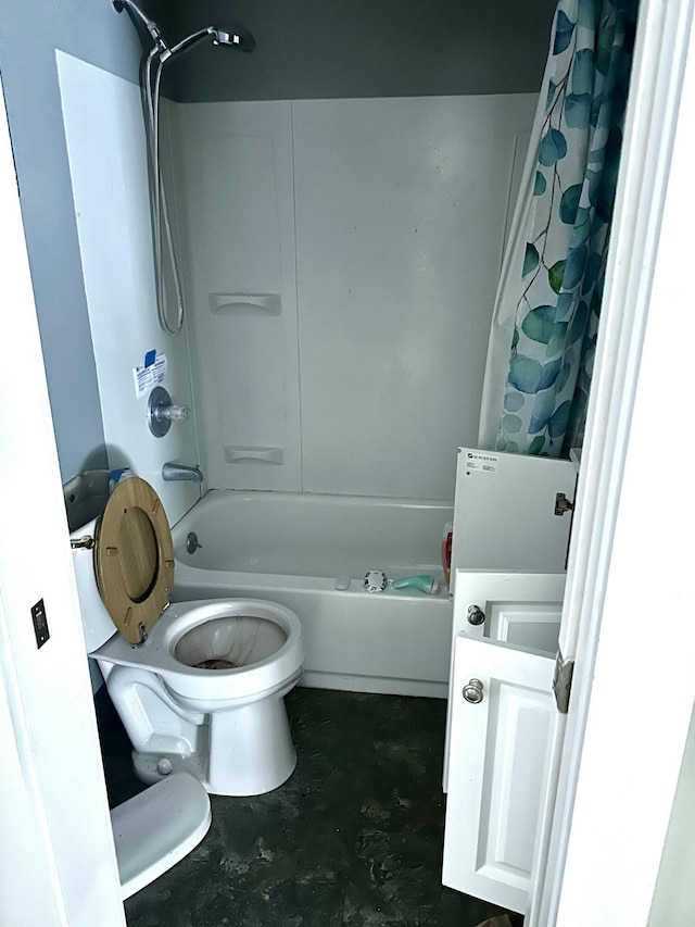 full bath with shower / bath combination with curtain, unfinished concrete flooring, and toilet