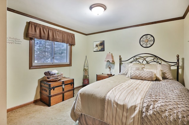 bedroom with baseboards, carpet, and crown molding