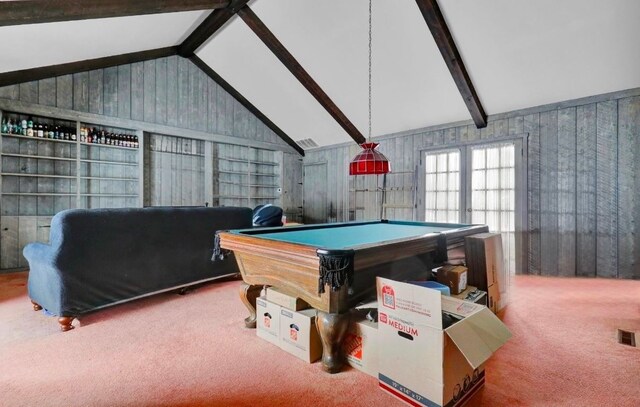 recreation room featuring carpet floors, billiards, lofted ceiling with beams, and visible vents