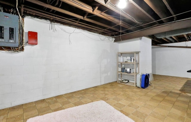 unfinished basement featuring electric panel